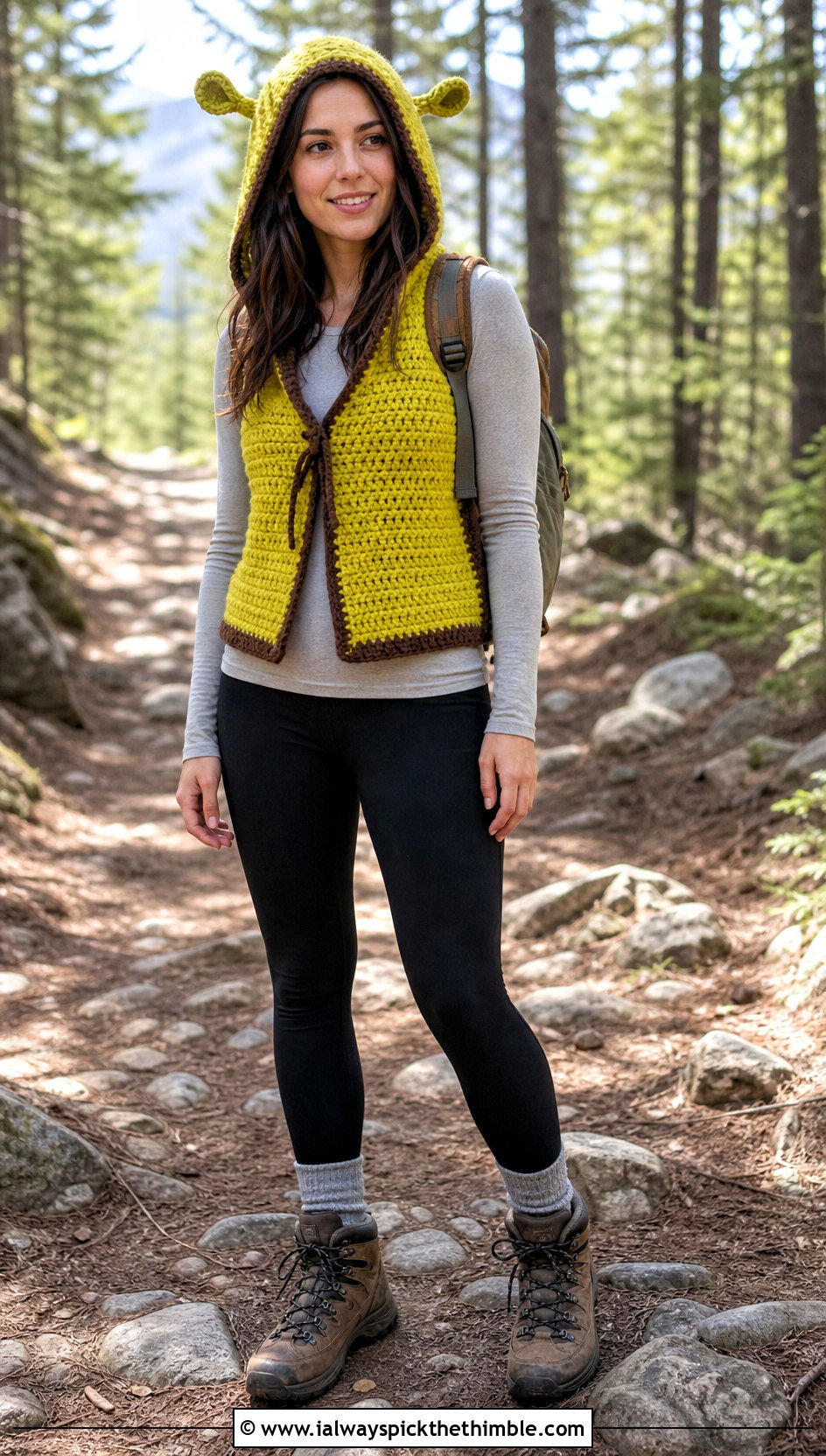 Hooded Crochet Shrek Vest With Leggings and Hiking Boots - 15 Crochet Shrek Vest outfit ideas
