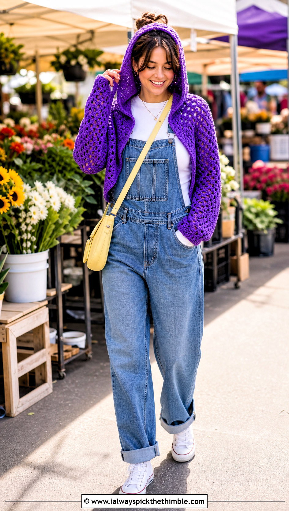 Hooded Crochet Shrug With Denim Overalls - 20 crochet shrug for women outfit ideas