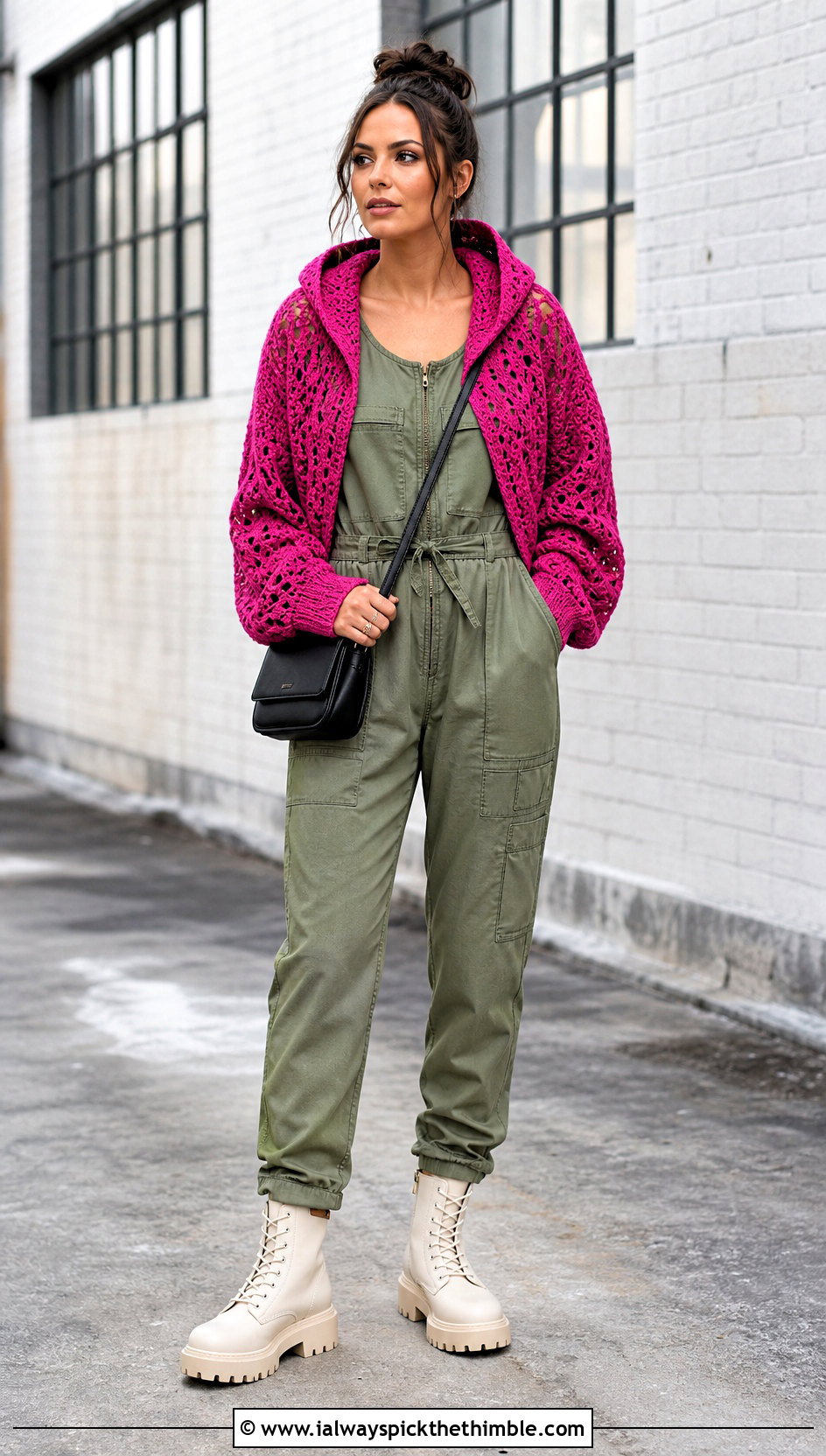 Hooded Crochet Shrug With Utility Jumpsuit - 25 crochet shrug outfit ideas