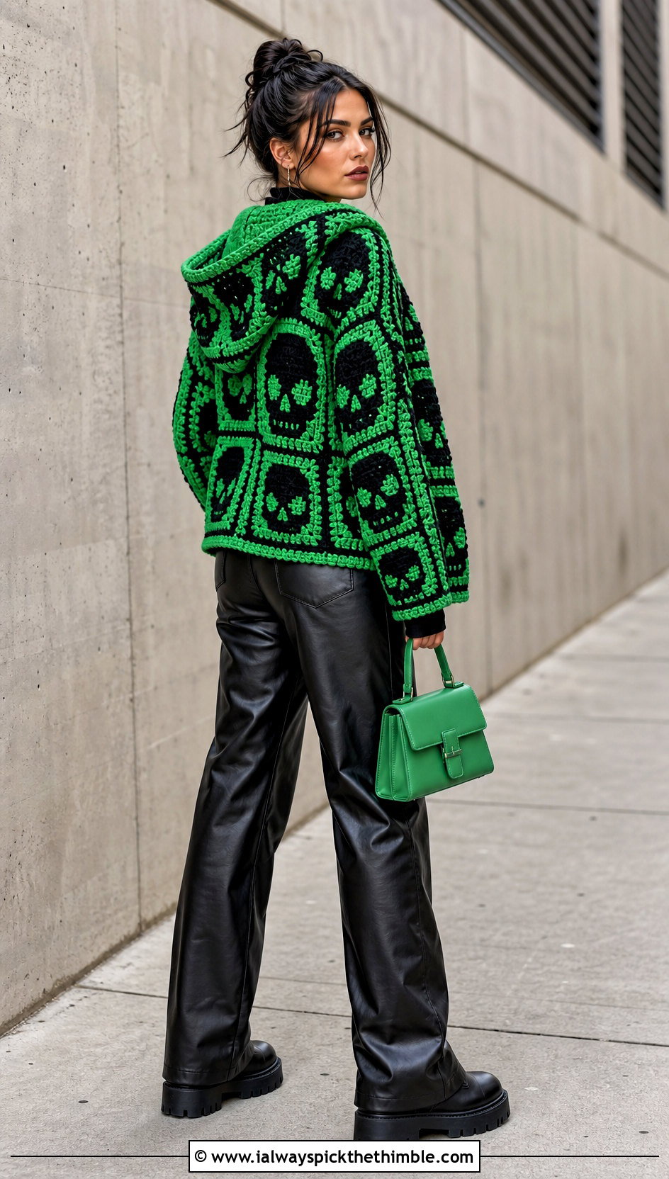 Hooded Crochet Skull Granny Square Cardigan With Faux Leather Pants - 20 crochet skull granny square cardigan outfit ideas