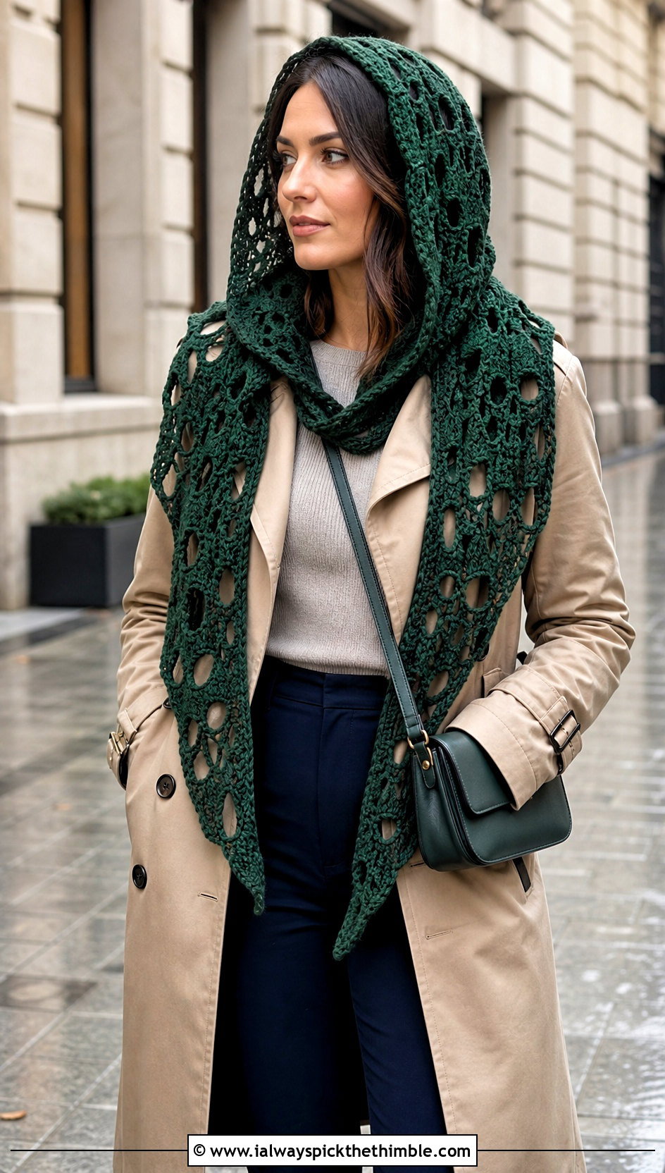 Hooded Crochet Skull Shawl With Trench Coat And Slim Trousers - 25 crochet skull shawl outfit ideas