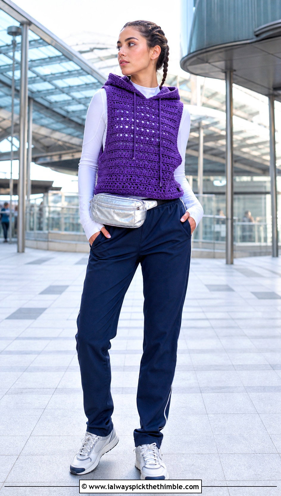 Hooded Crochet Sleeveless Vest With Track Pants - 25 crochet sleeveless vest outfit ideas