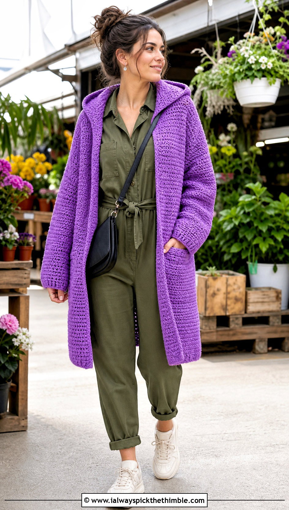 Hooded Crochet Slouchy Cardigan With Utility Jumpsuit - 20 Crochet Slouchy Cardigan outfit ideas