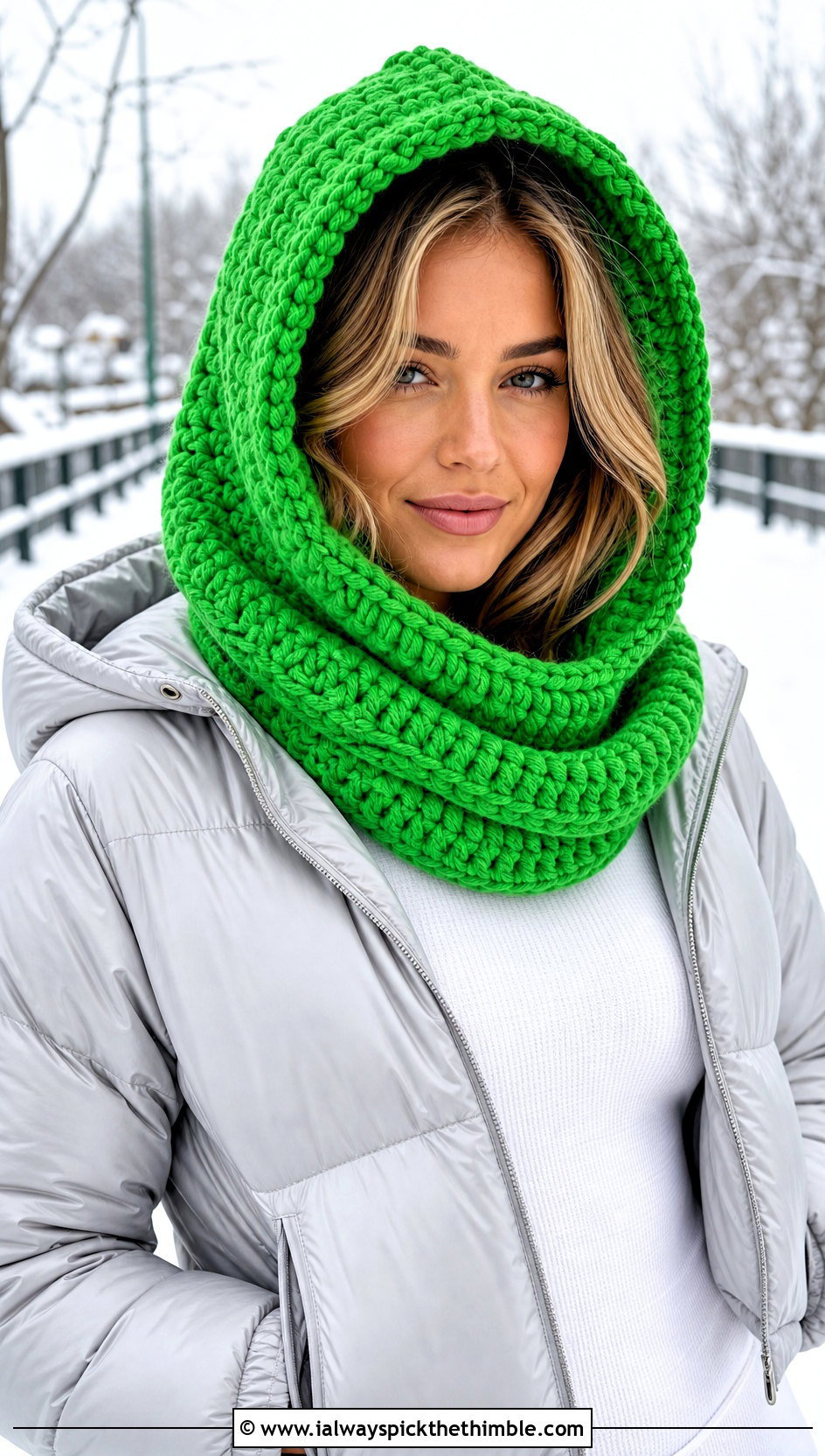 Hooded Crochet Snood Cowl With Puffer Jacket - 20 crochet snood cowl outfit ideas
