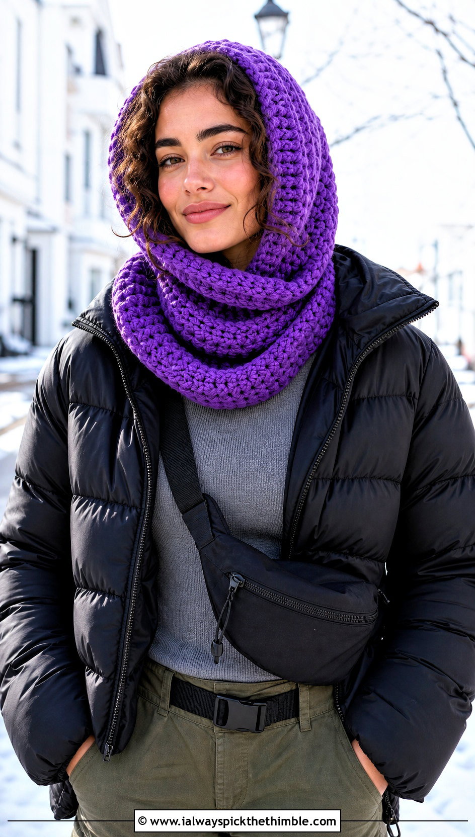 Hooded Crochet Snood Scarf With Puffer Jacket - 20 crochet snood scarf outfit ideas