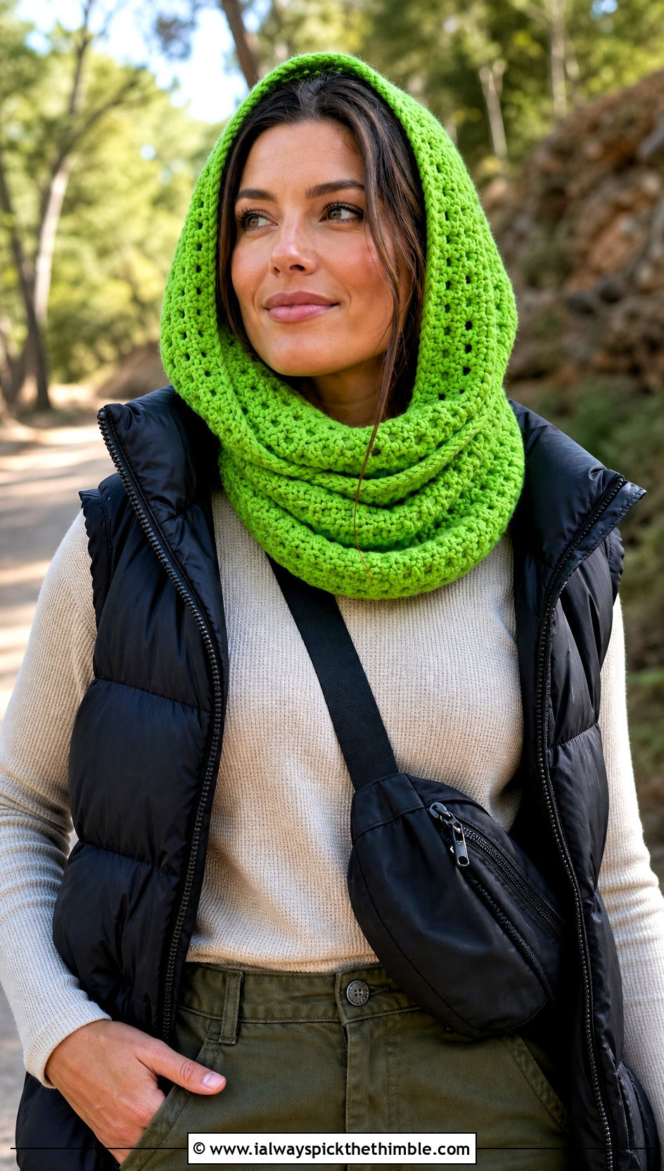 Hooded Crochet Snood Scarf With Puffer Vest - 20 snood crochet scarf outfit ideas