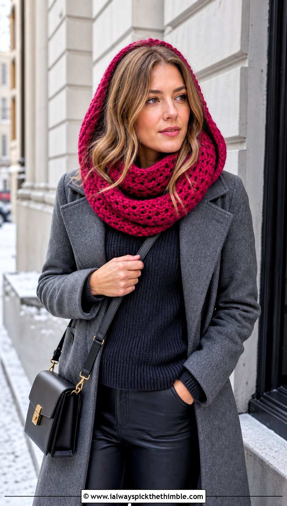 Hooded Crochet Snood With Faux Leather Pants - 25 crochet winter scarf outfit ideas
