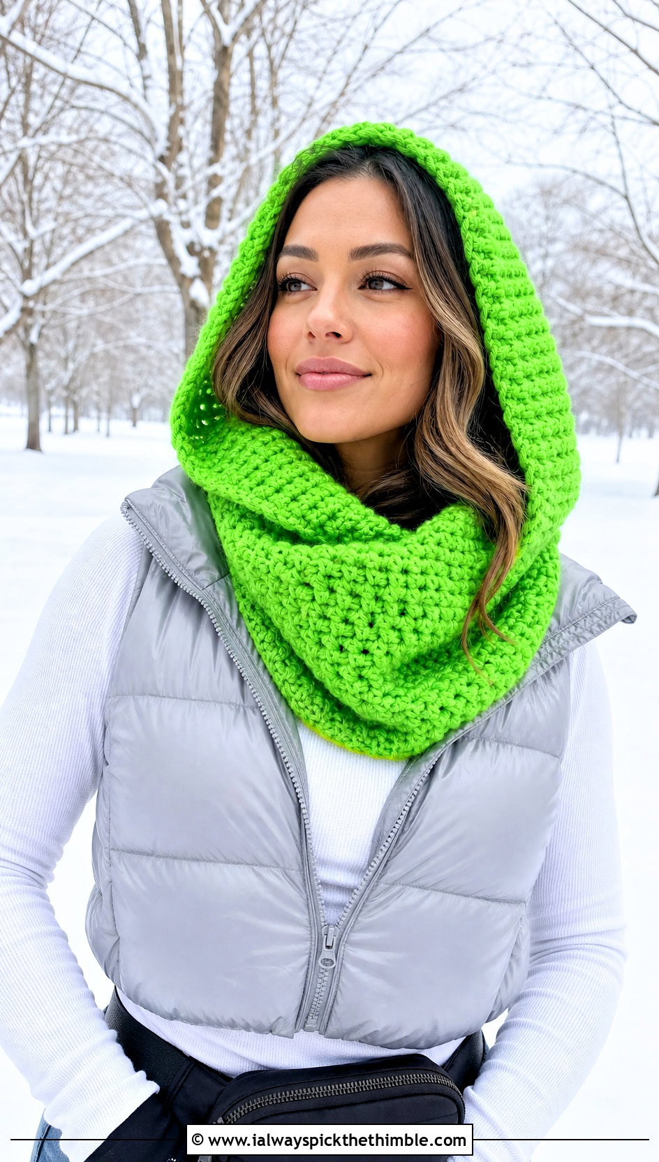 Hooded Crochet Snood With Puffer Vest - 25 crochet cowl neck warmer outfit ideas