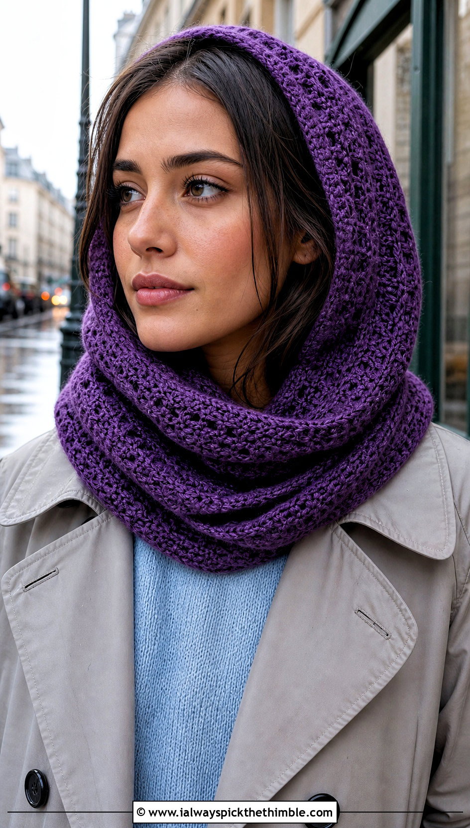 Hooded Crochet Snood With Trench Coat - 25 crochet cowl outfit ideas