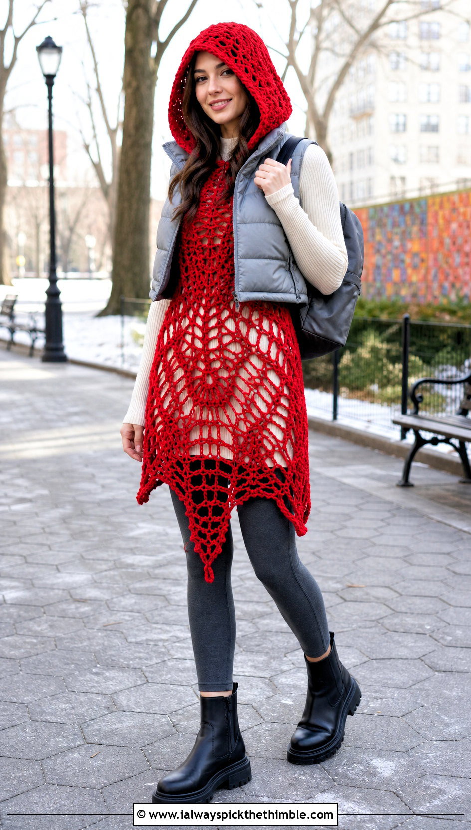 Hooded Crochet Spider Web Dress With Puffer Vest - 20 crochet spider web dress outfit ideas