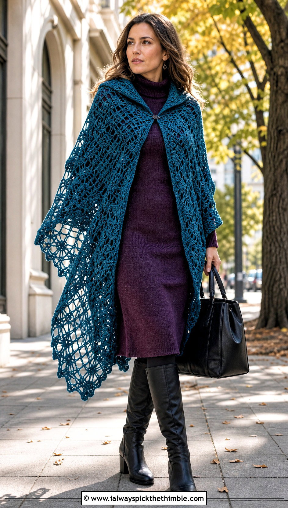 Hooded Crochet Spiderweb Shawl With Sweater Dress - 20 Crochet Spiderweb Shawl outfit ideas