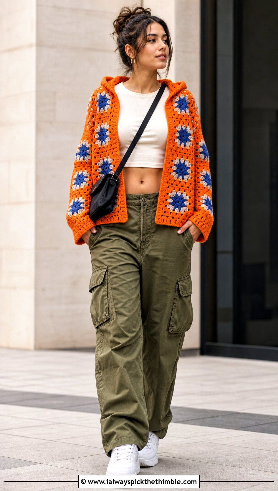 Hooded Crochet Star Granny Square Cardigan With Cargo Pants - 20 Crochet Star Granny Square Cardigan outfit ideas