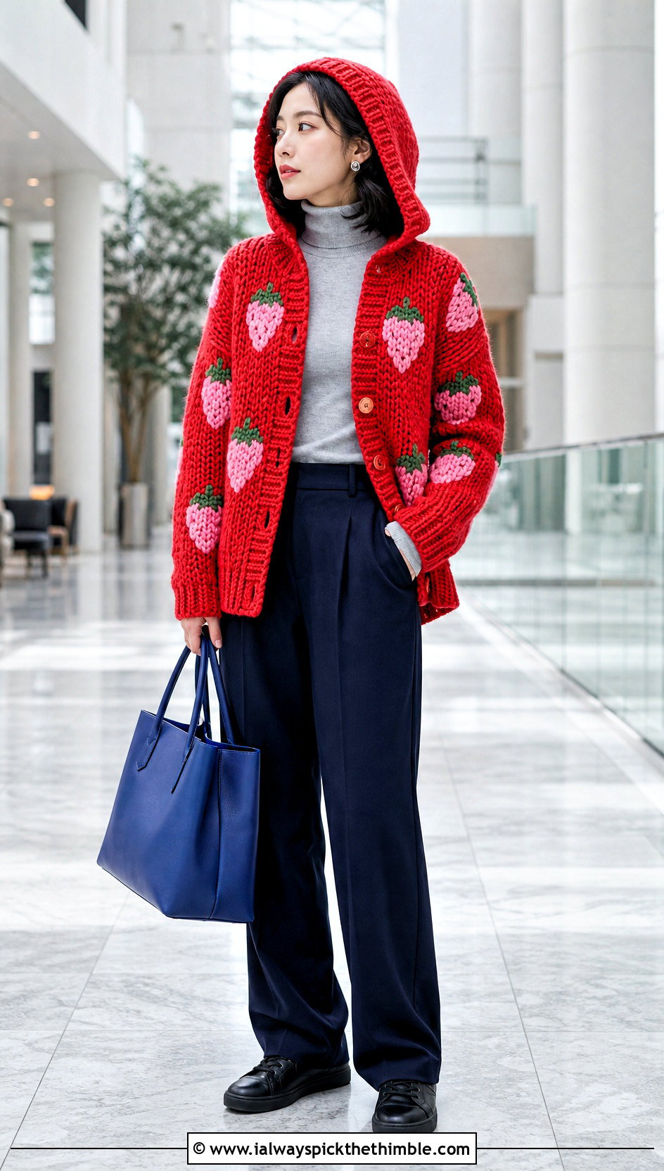 Hooded Crochet Strawberry Cardigan With Wool Trousers - 25 crochet strawberry cardigan outfit ideas