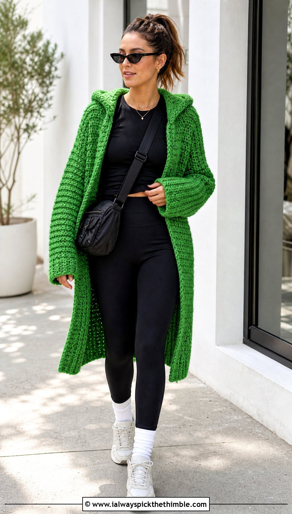 Hooded Crochet Sweater Coat With Leggings And Sneakers - 20 Crochet Sweater Coat outfit ideas