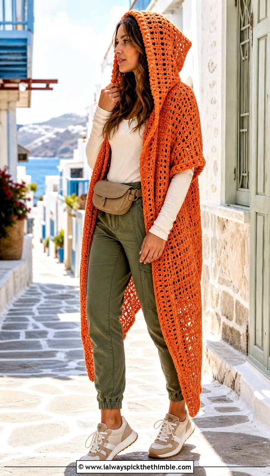 Hooded Crochet Sweater Shawl With Cargo Pants - 20 crochet sweater shawl outfit ideas