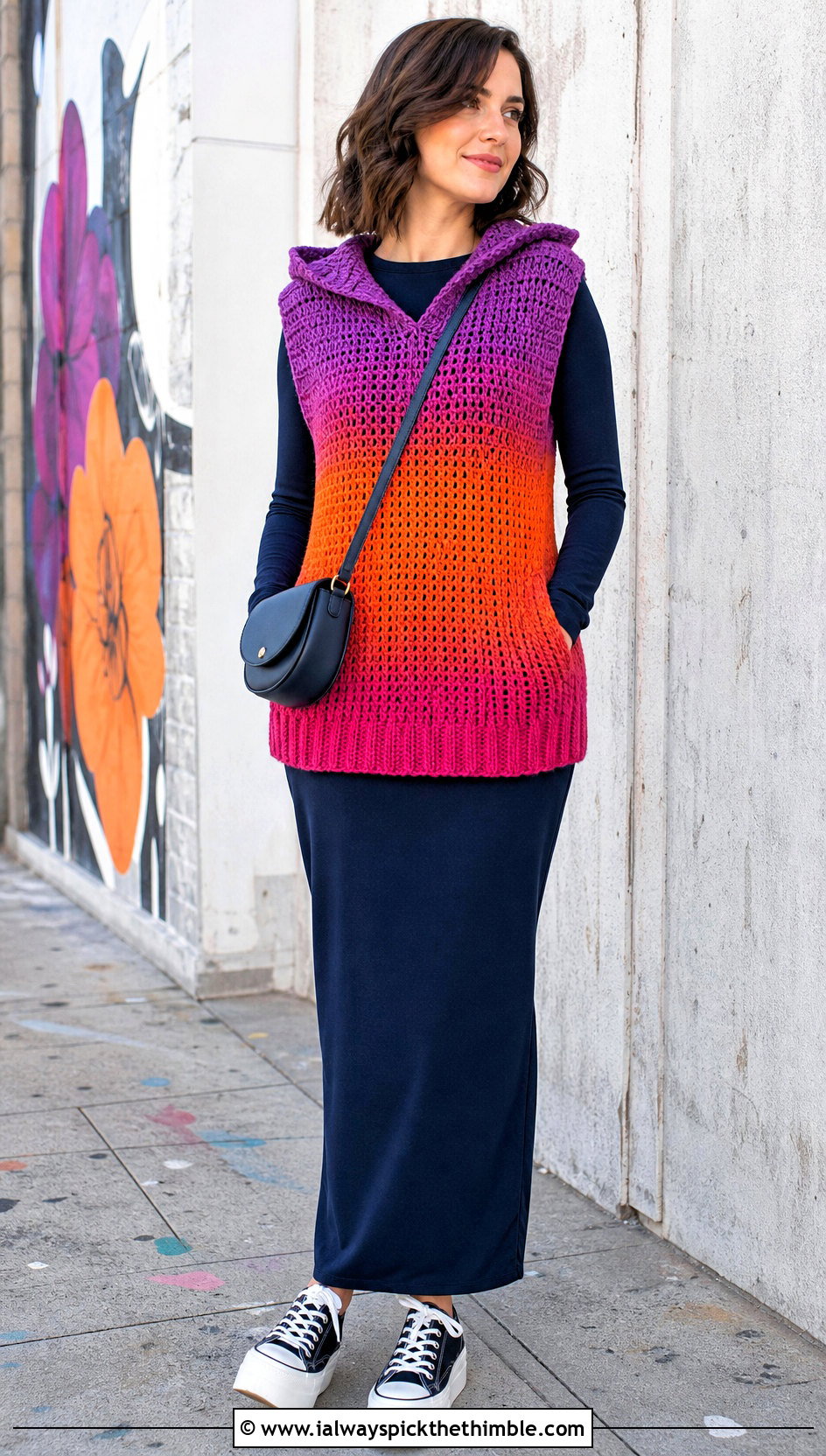 Hooded Crochet Sweater Vest With Long Sleeve Maxi Dress - 25 crochet sweater vest outfit ideas
