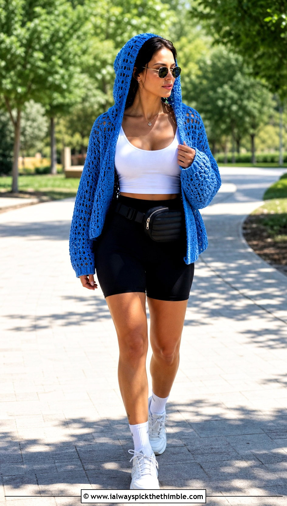 Hooded Crochet Sweater With Biker Shorts - 20 Knit And Crochet Sweater outfit ideas