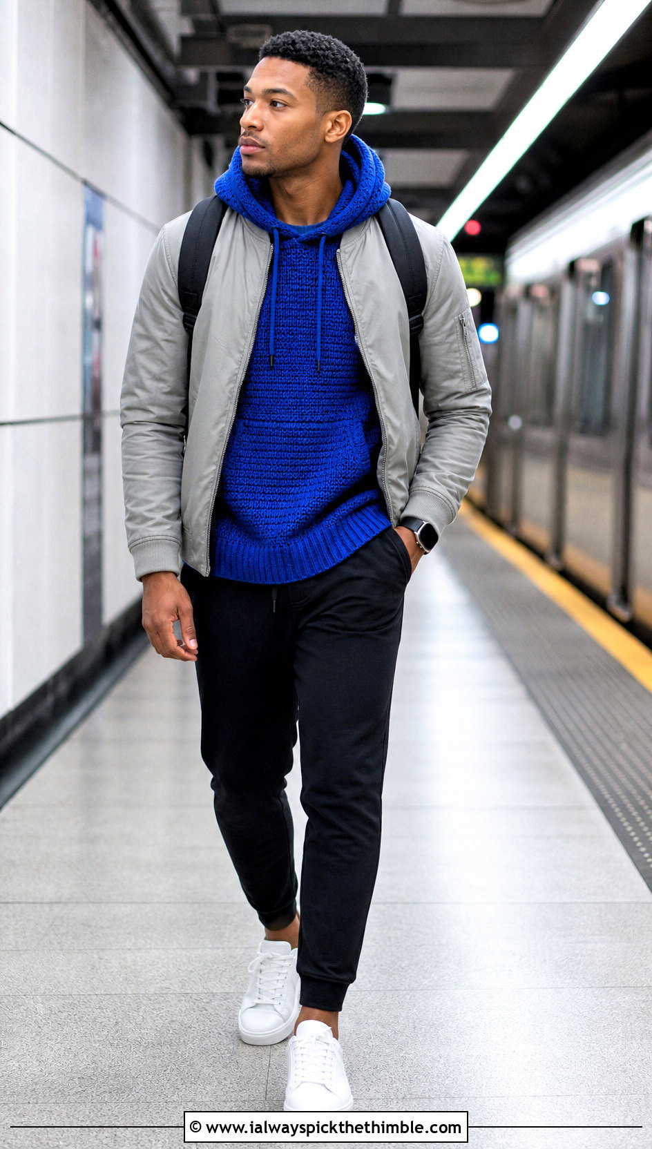 Hooded Crochet Sweater With Bomber Jacket And Joggers - 25 men's crochet sweater ideas