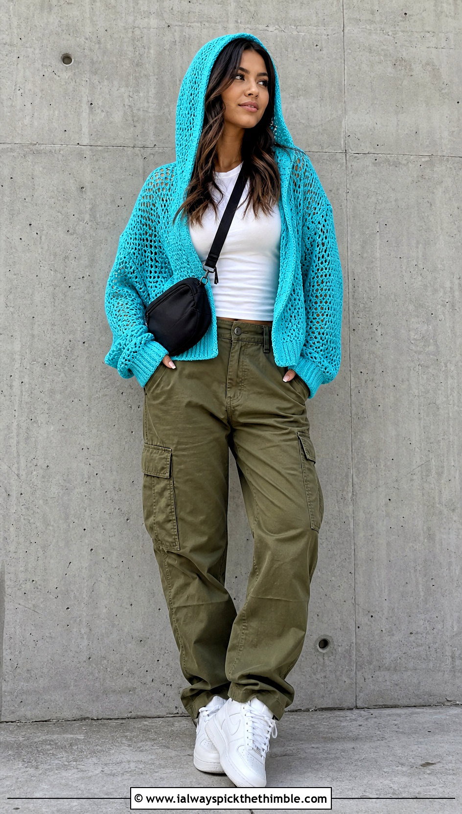 Hooded Crochet Sweater With Cargo Pants - 25 crochet sweaters outfit ideas