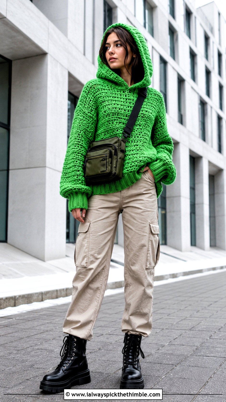 Hooded Crochet Sweater With Cargo Pants - 25 Crochet Winter Outfits ideas
