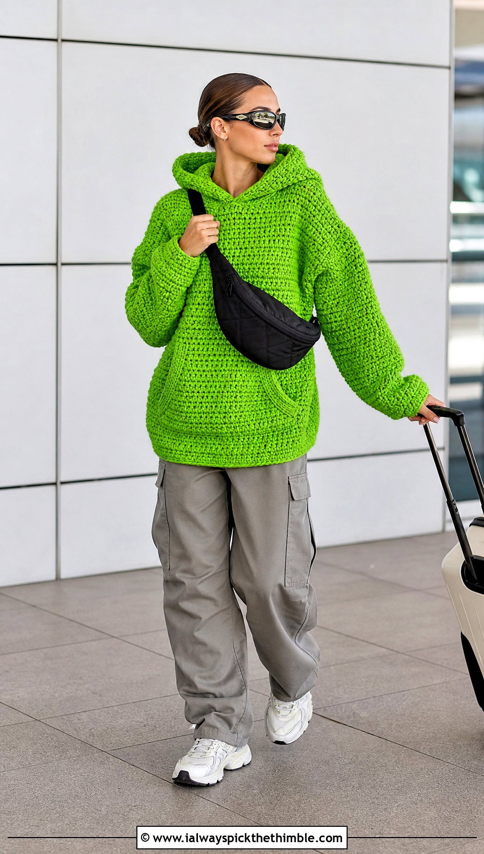 Hooded Crochet Sweater With Cargo Pants - 25 oversized crochet sweater outfit ideas