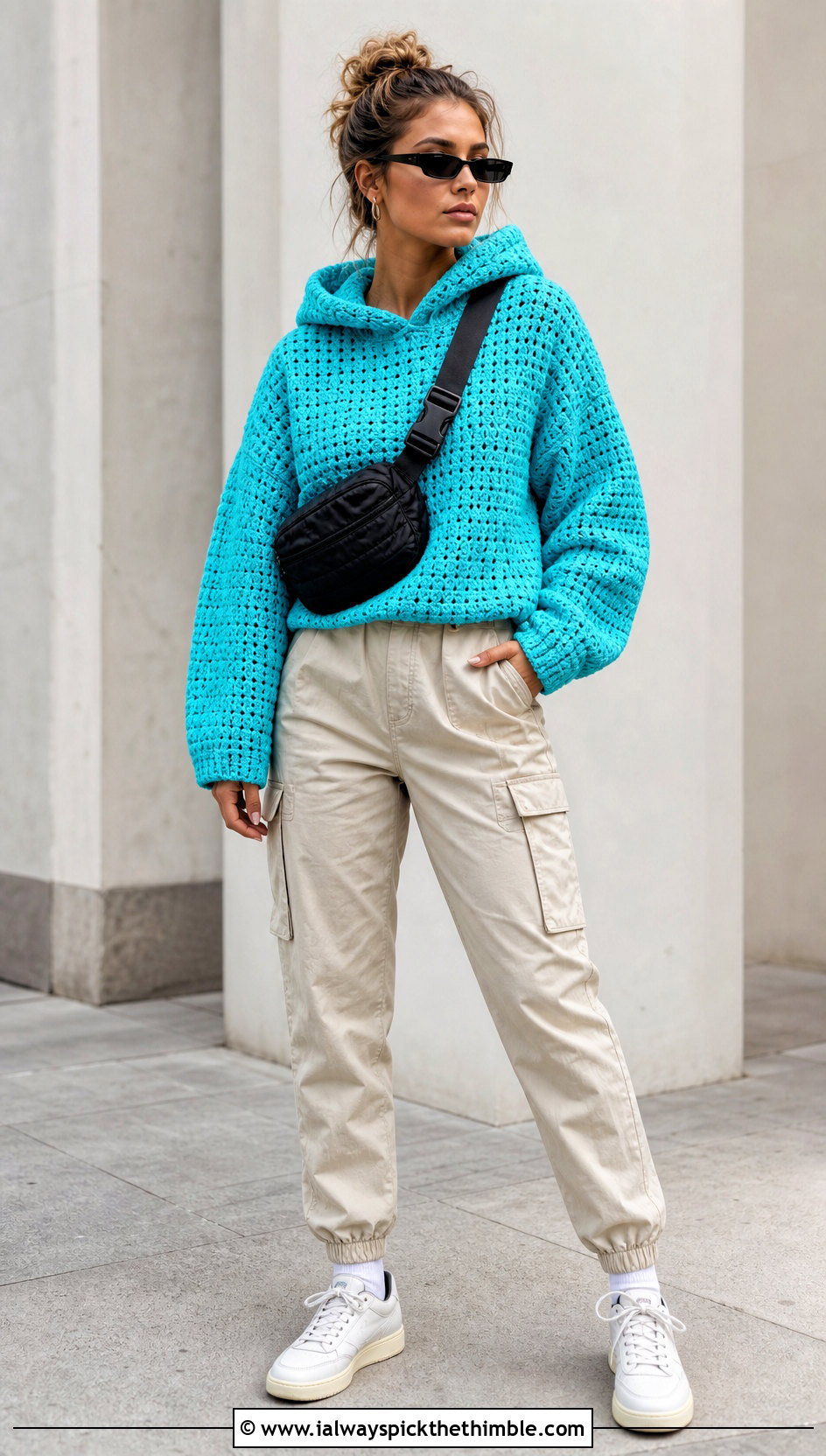 Hooded Crochet Sweater With Cargo Pants - 15 Modern Crochet Sweater outfit ideas