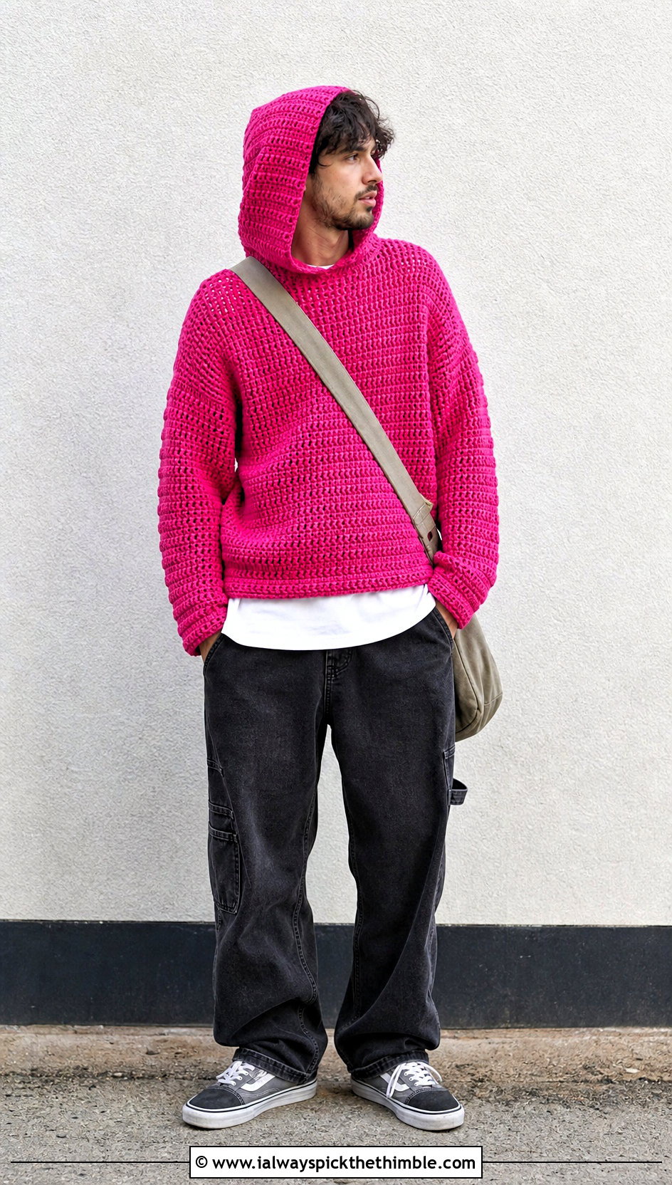 Hooded Crochet Sweater With Carpenter Jeans - 20 Easy Crochet Mens Sweater outfit ideas