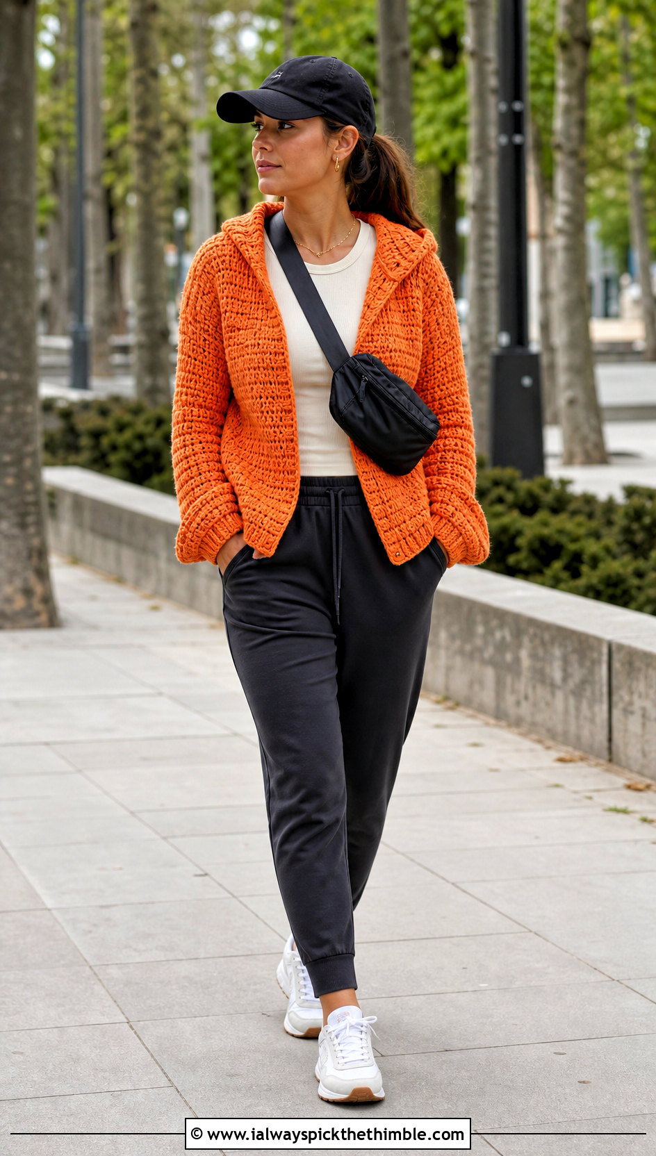 Hooded Crochet Sweater With Joggers - 20 long crochet sweater outfit ideas