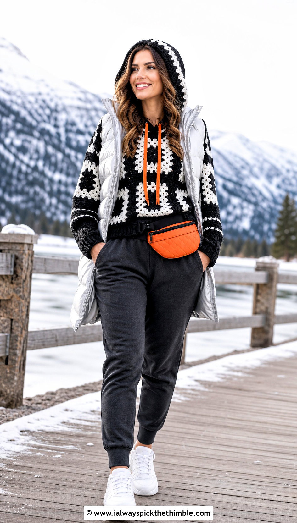 Hooded Crochet Sweater With Joggers And Puffer Vest - 25 black and white crochet sweater outfit ideas