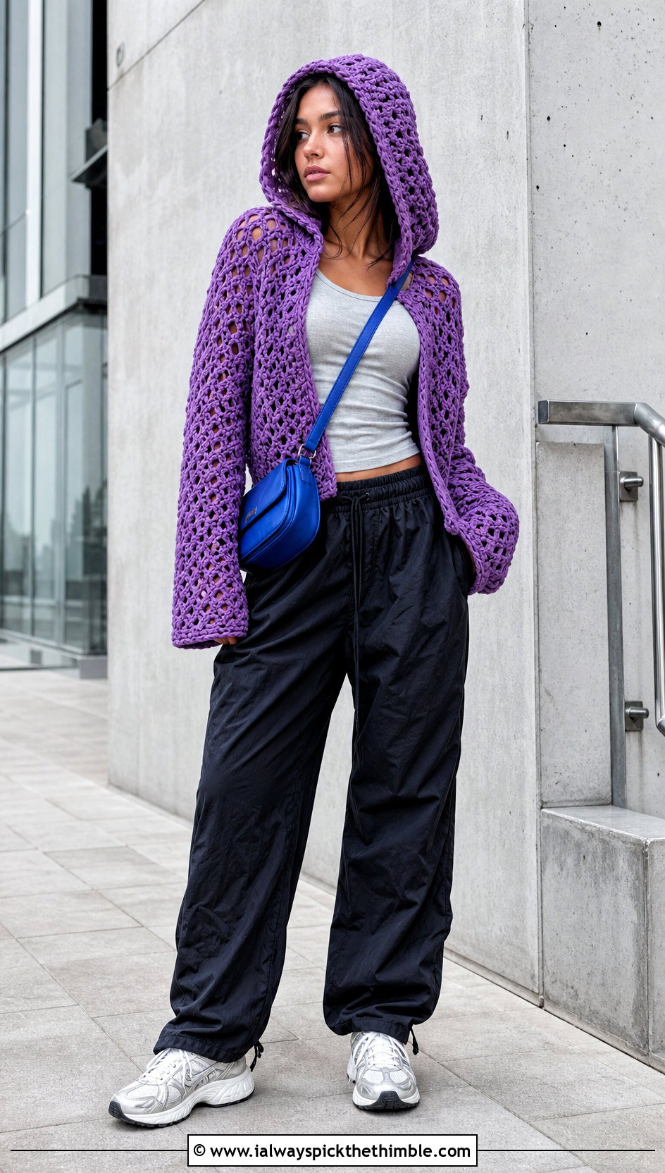 Hooded Crochet Sweater With Parachute Pants - 25 simple crochet sweater outfit ideas