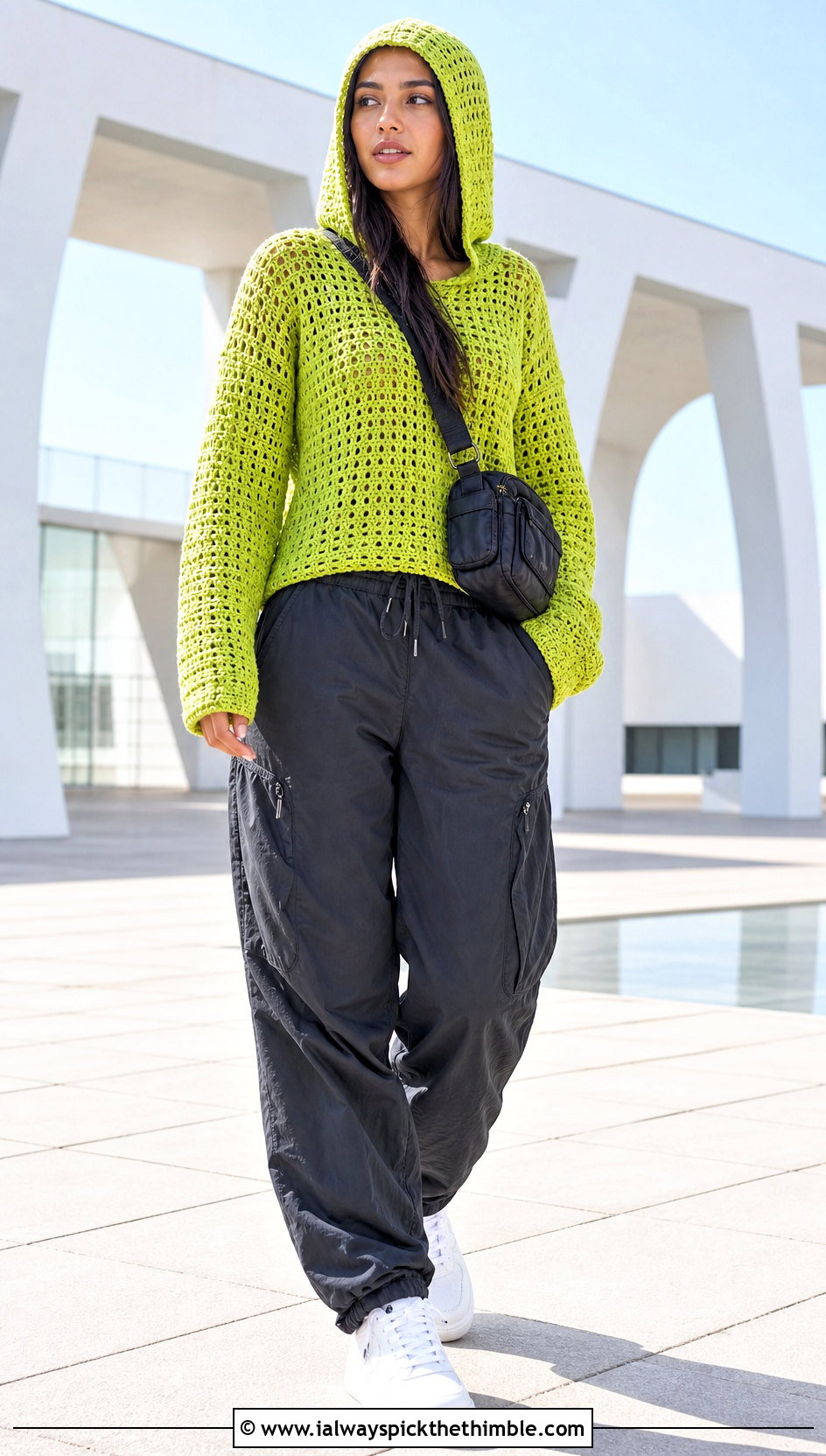 Hooded Crochet Sweater With Parachute Pants - 20 Basic Crochet Sweater outfit ideas