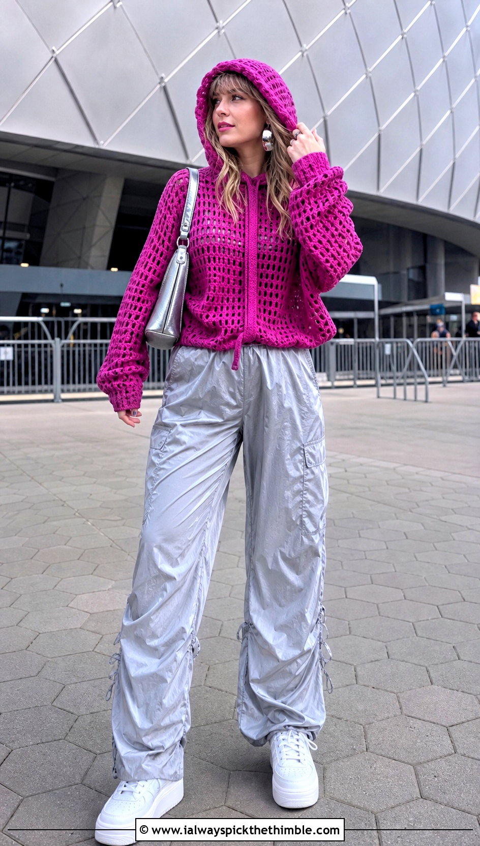 Hooded Crochet Sweater With Parachute Pants - 20 taylor swift crochet sweater outfit ideas
