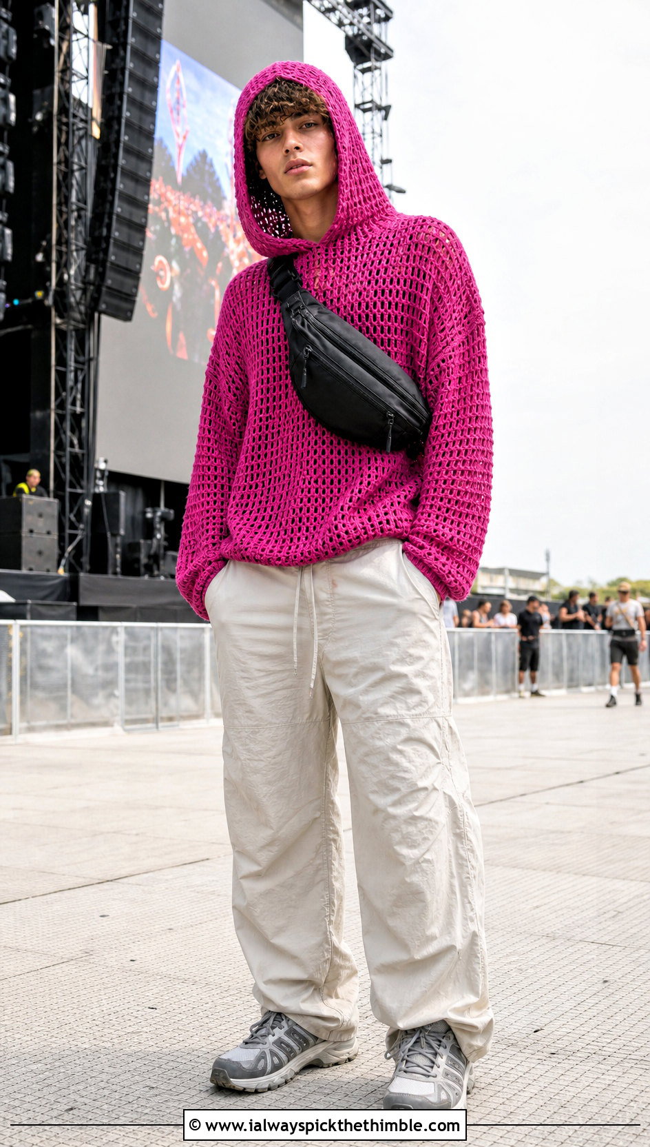 Hooded Crochet Sweater With Parachute Pants - 20 unisex crochet sweater outfit ideas