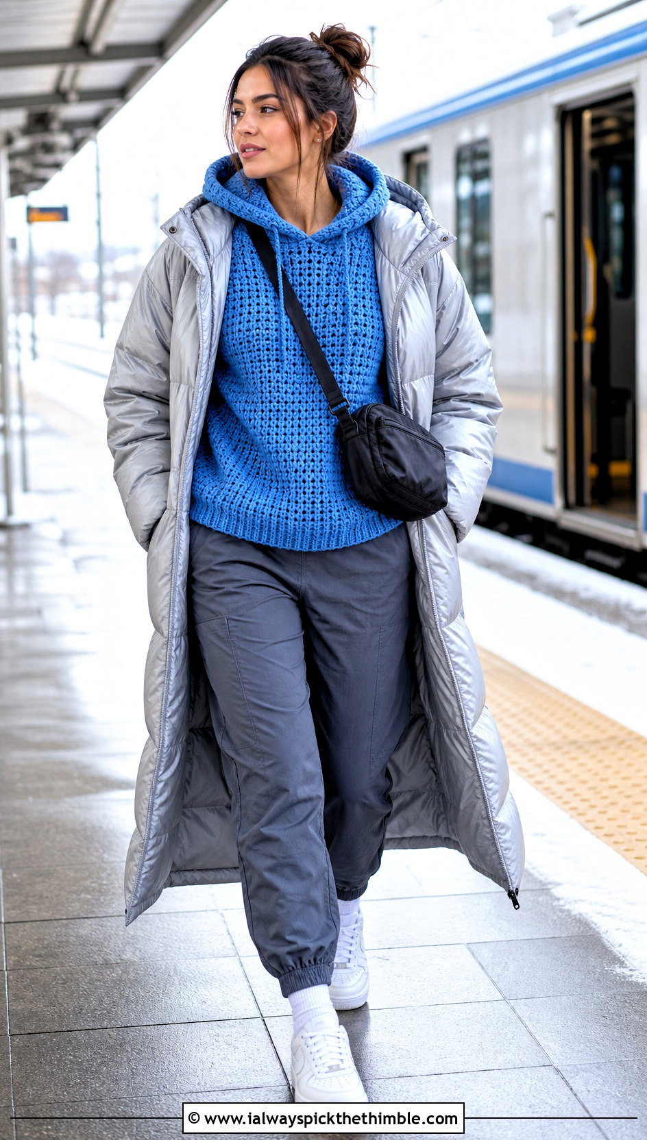 Hooded Crochet Sweater With Parachute Pants - 20 winter crochet sweater outfit ideas
