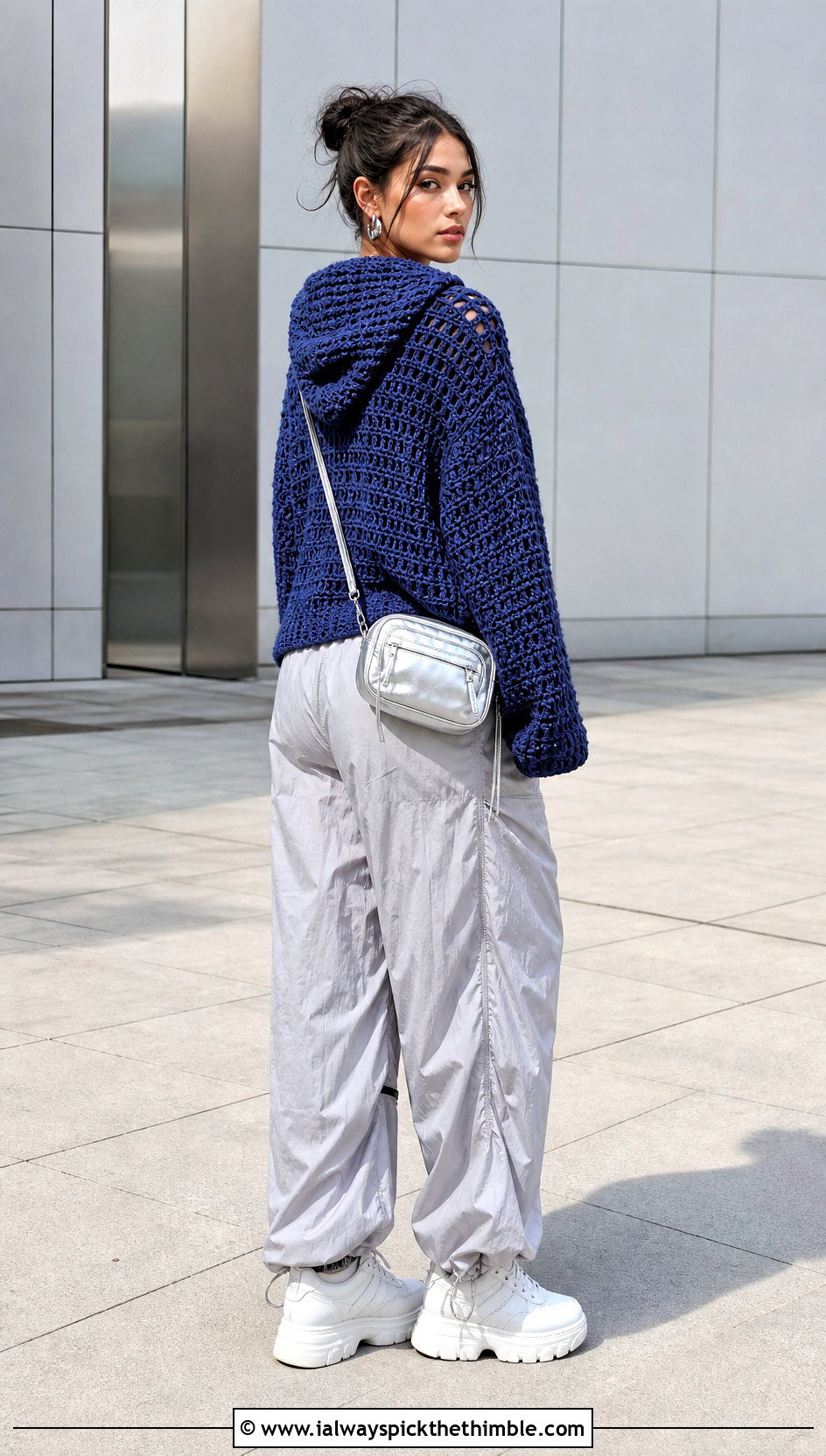 Hooded Crochet Sweater With Parachute Pants - 25 crochet sweater design outfit ideas