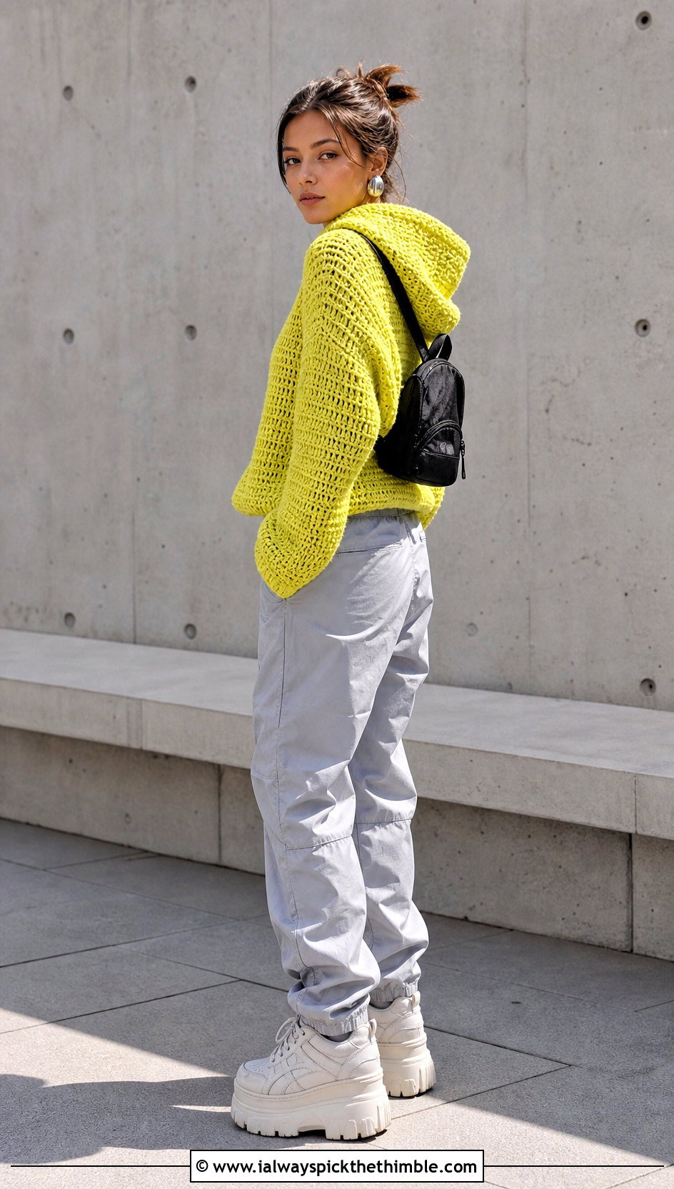 Hooded Crochet Sweater With Parachute Pants - 25 crochet sweater outfit ideas