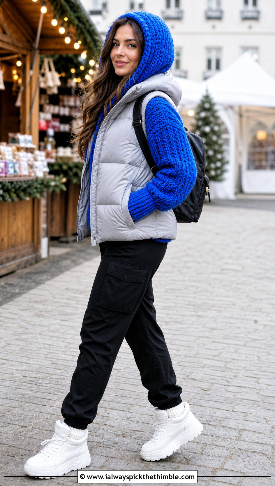 Hooded Crochet Sweater With Puffer Vest - 20 crochet winter sweater outfit ideas