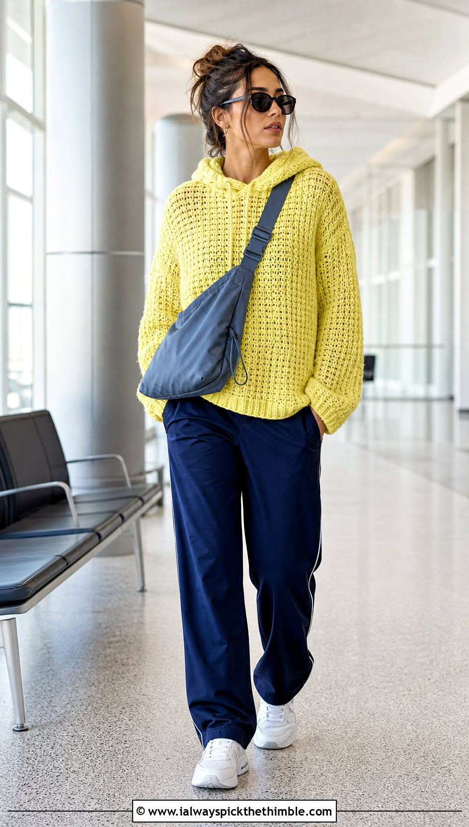 Hooded Crochet Sweater With Track Pants - 25 crochet sweater for women outfit ideas