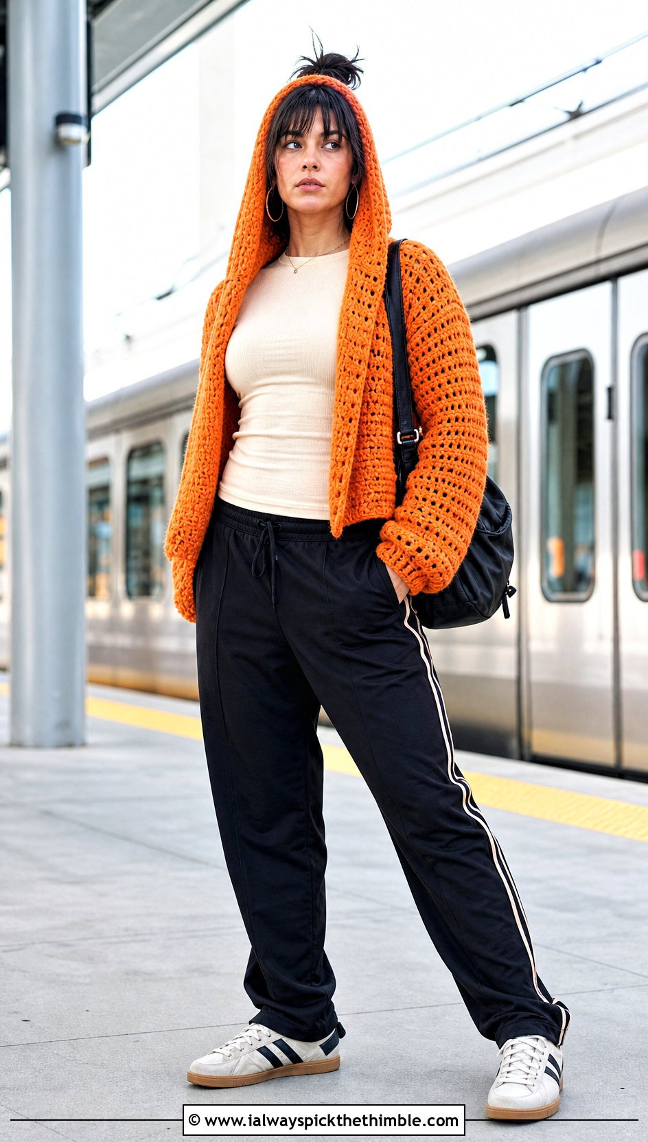 Hooded Crochet Sweater With Track Pants - 20 alt crochet sweater outfit ideas