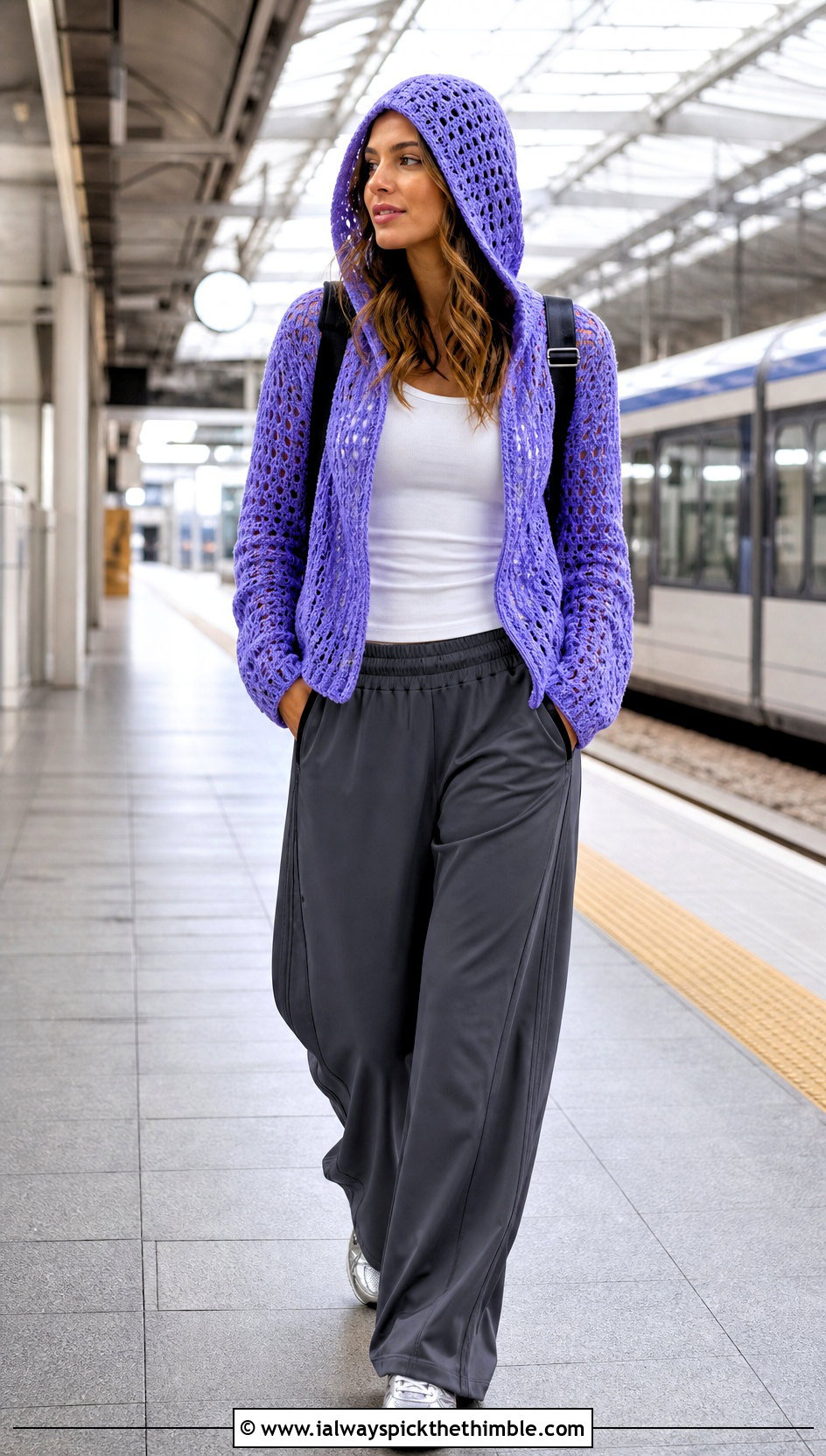 Hooded Crochet Sweater With Track Pants - 20 Crochet Quick Sweater outfit ideas