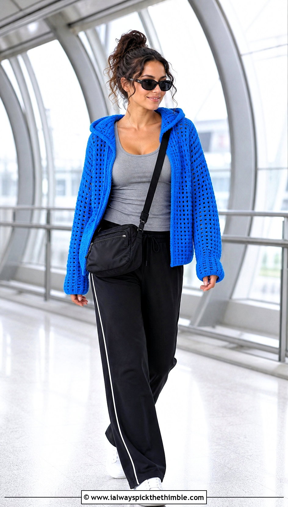 Hooded Crochet Sweater With Track Pants - 20 unique crochet sweater outfit ideas