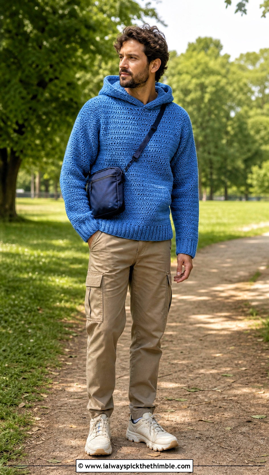 Hooded Crochet Sweater With Utility Pants - 25 men crochet sweater outfit ideas