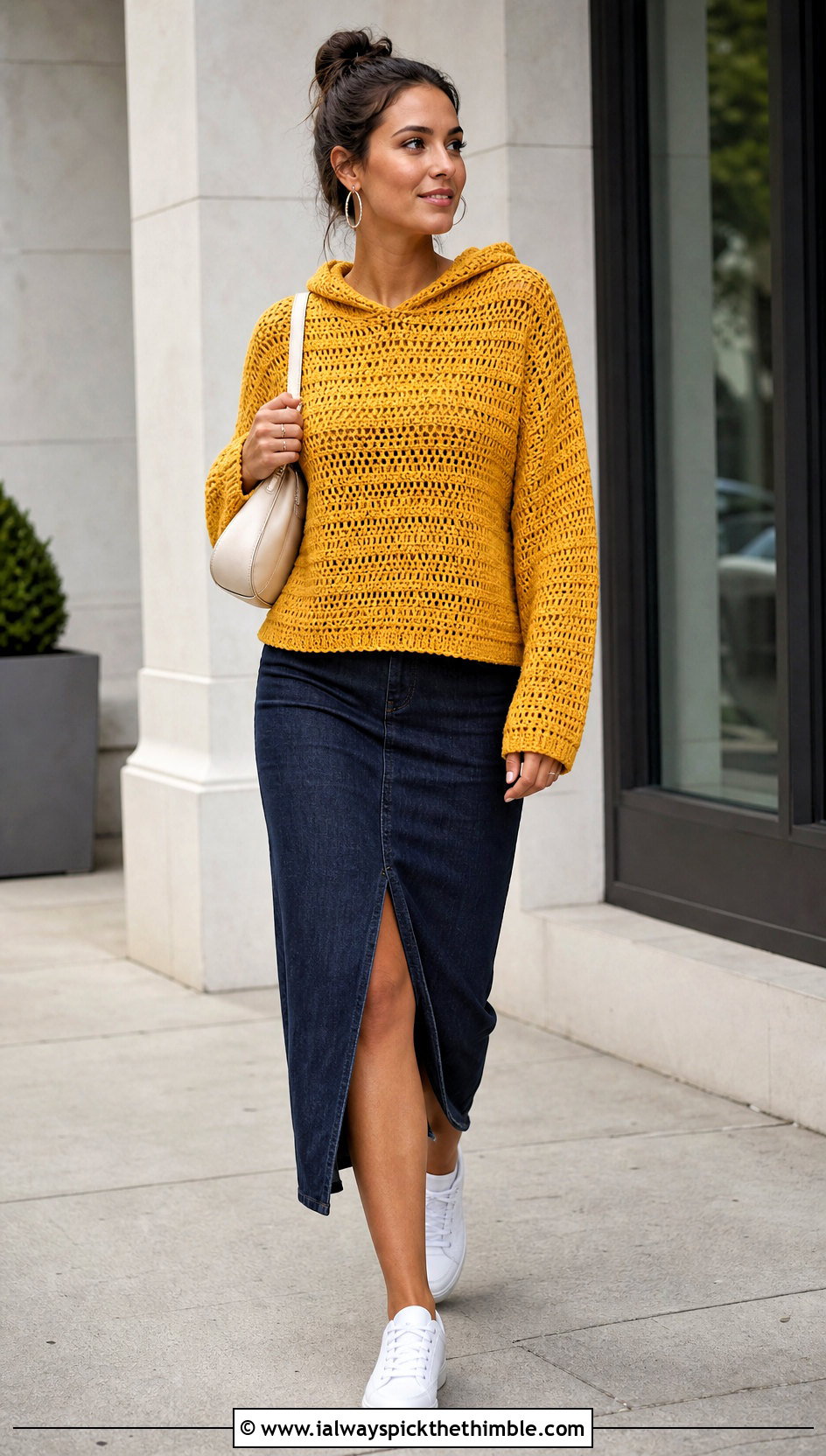 Hooded Crochet Sweater With a Denim Midi Skirt - 20 Funky Crochet Sweater outfit ideas