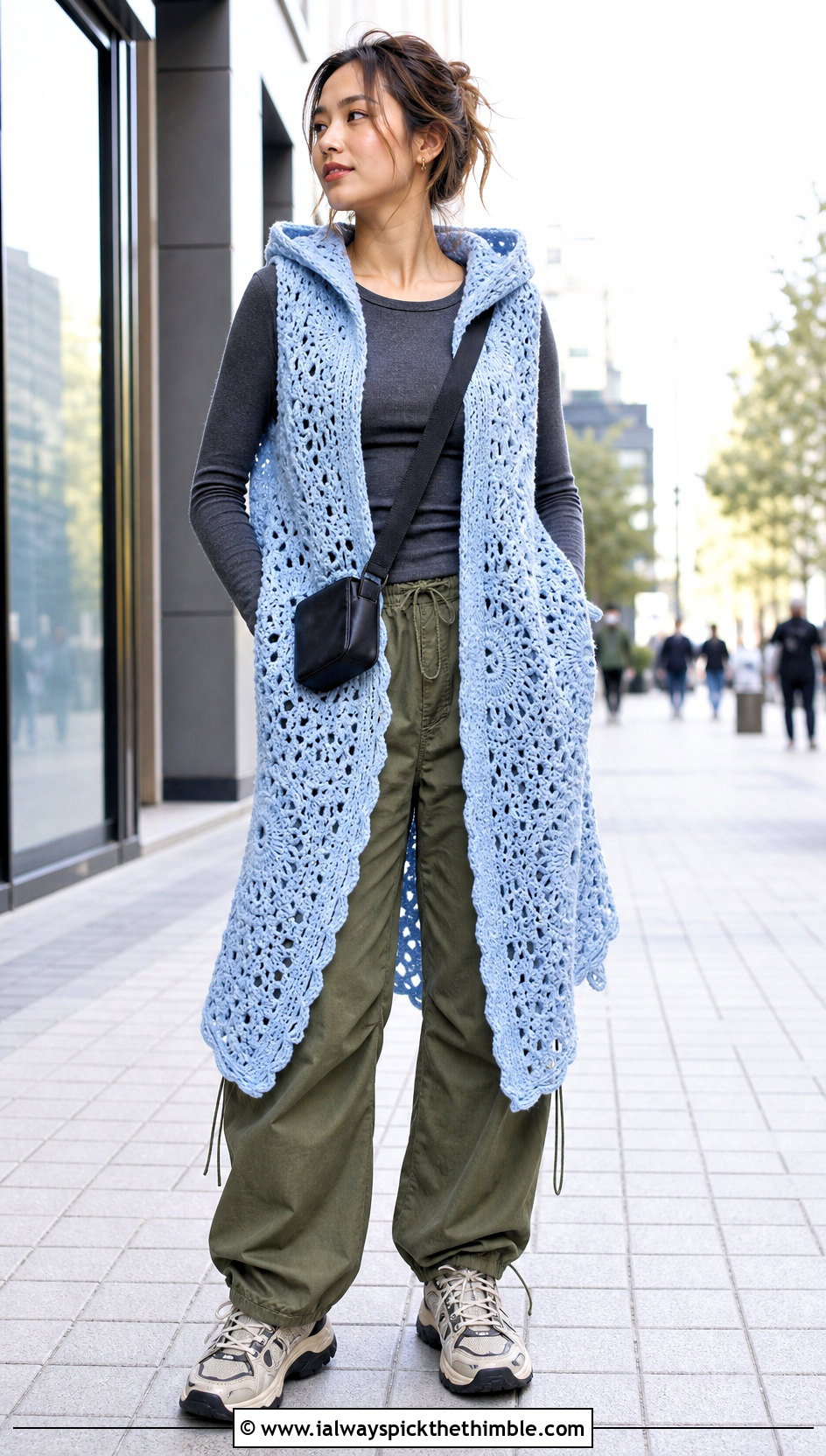 Hooded Crochet Sweater Wrap With Cargo Pants - 20 crochet sweater wrap outfit ideas