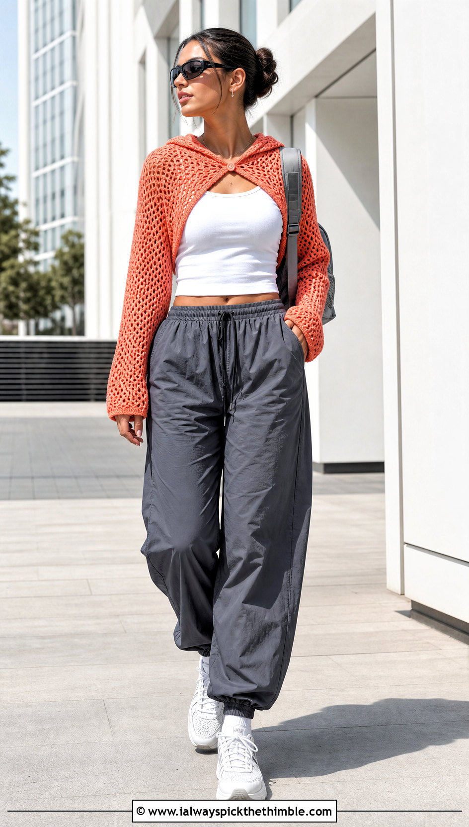 Hooded Crochet Top Shrug With Parachute Pants - 20 crochet top shrug outfit ideas