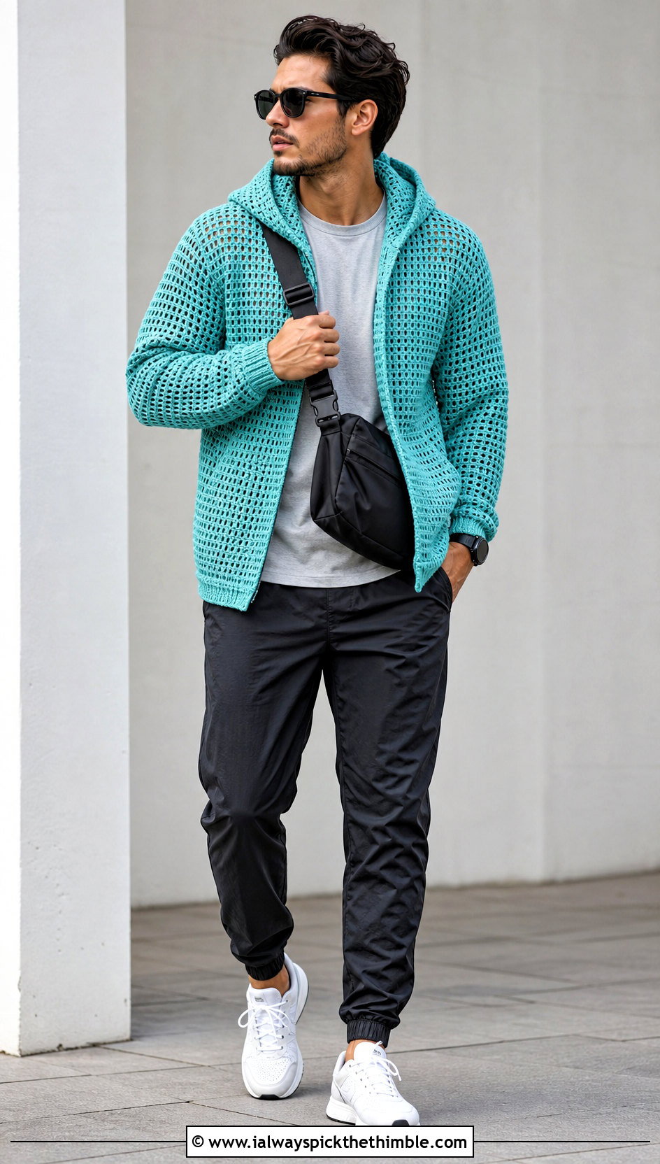 Hooded Crochet Top With Nylon Joggers - 20 men crochet top outfit ideas