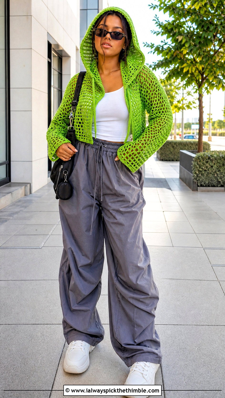 Hooded Crochet Top With Parachute Pants - 25 crochet top designs outfit ideas