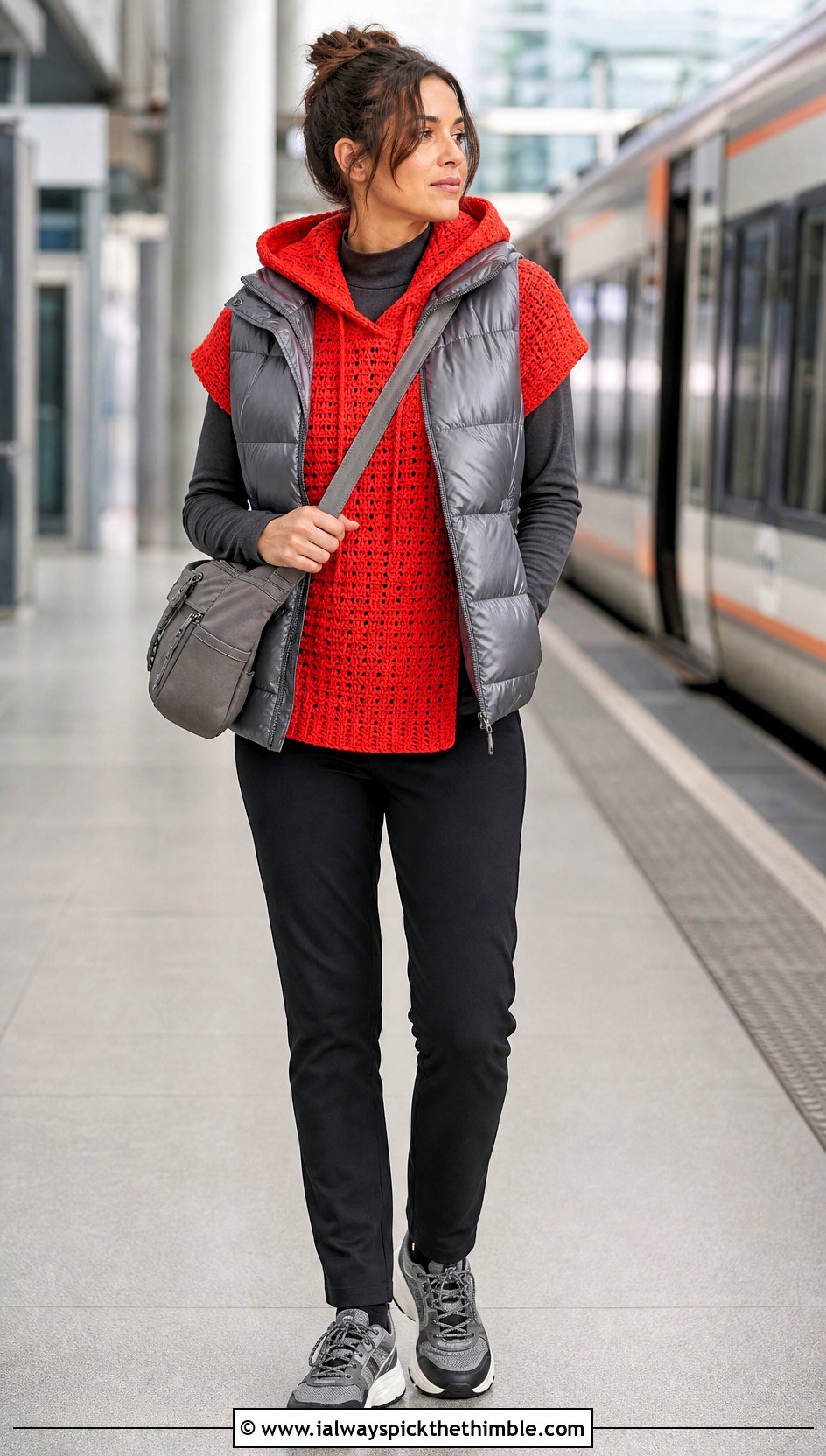 Hooded Crochet Top With Puffer Vest - 25 winter crochet top outfit ideas
