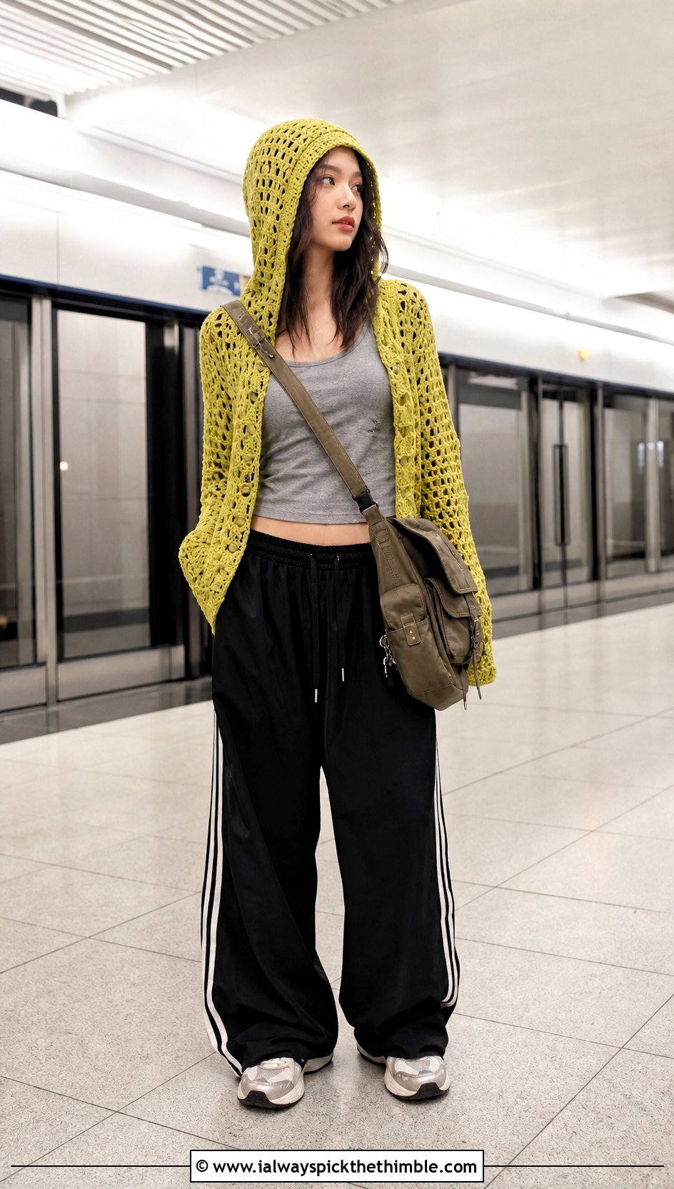Hooded Crochet Top With Wide Leg Track Pants - 25 grunge crochet top outfit ideas