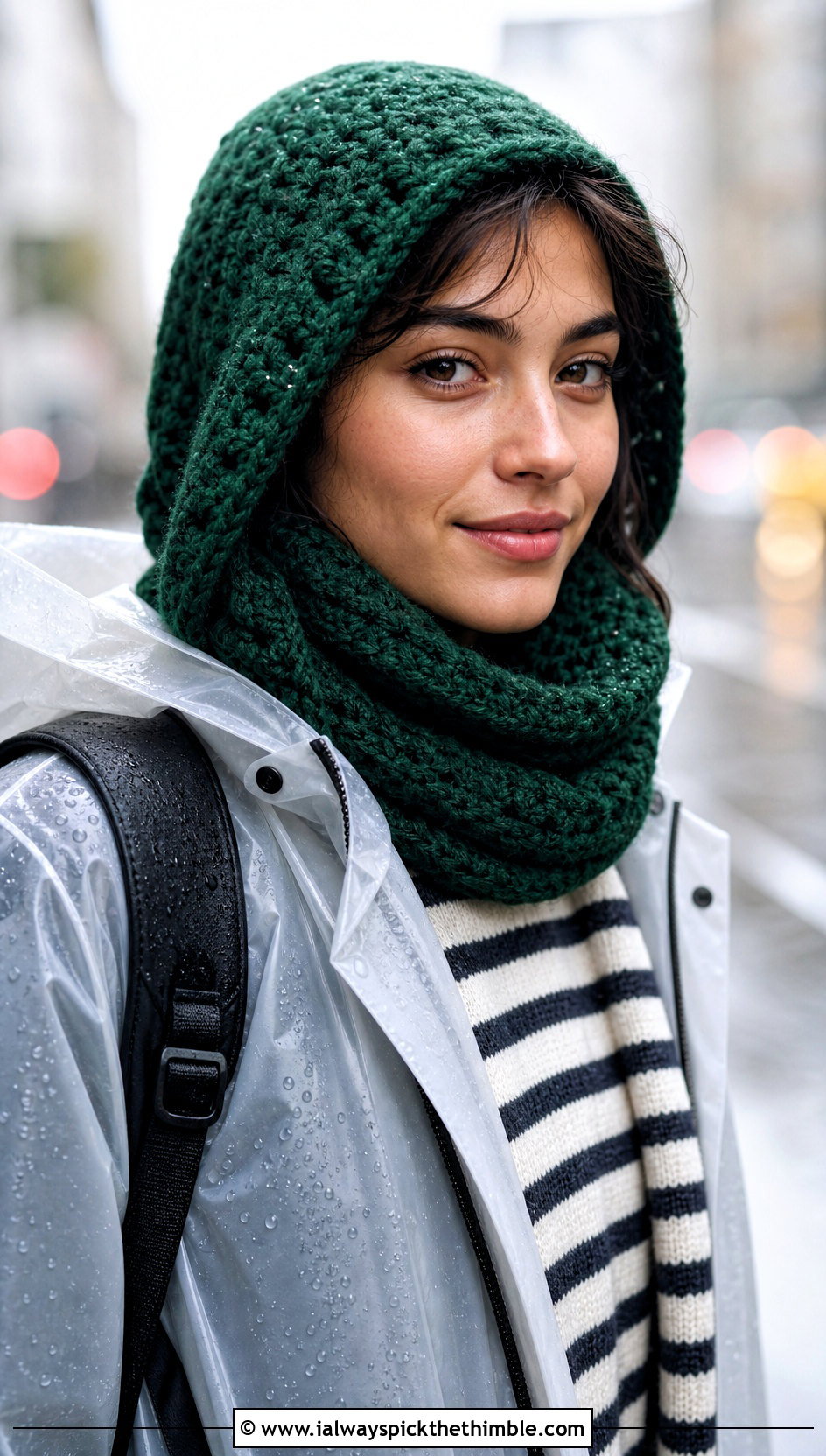 Hooded Crochet Tube Scarf With Raincoat - 20 Crochet Tube Scarf outfit ideas